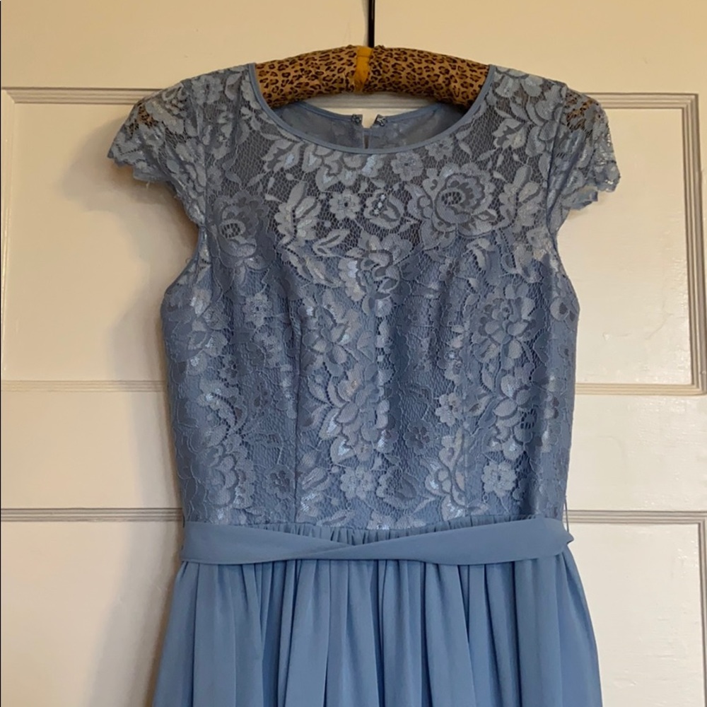 3 blue lace cap sleeve bridesmaid gowns
